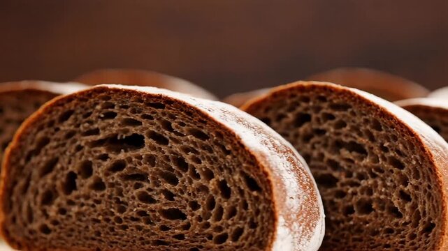 Close-up, detailed cross-section of dark brown sliced rye bread showing the porous texture and crumb structure