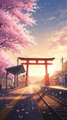 A vibrant and dreamlike vertical portrait (9:16) capturing an Impressionist Anime rural train station scene at golden hour. Soft, sweeping pastel brush strokes evoke a chaotic and energetic mood as co