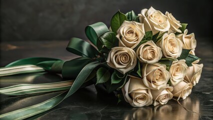A delicate, velvety bouquet of fresh rose petals adorned with a slender strip of emerald green tape, exuding elegance and sophistication