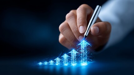 Person’s hand, Business growth, technology, Move Forward, Creative Man Painting Upward Arrows on Digital Growth Canvas with Copy Space for Text