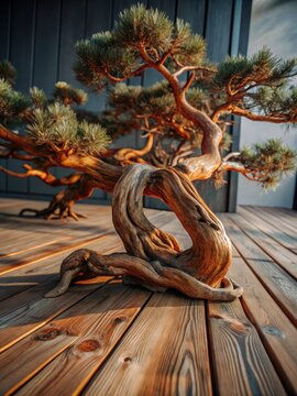 Ancient, twisted branches of a majestic cembra pine tree sprawl across a rustic wooden surface