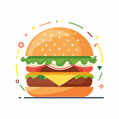Delicious Cartoon Burger with Fresh Ingredients and Colorful Design Elements.