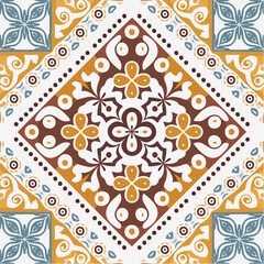 Decorative Square Tile with Floral and Geometric Patterns.