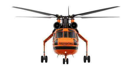 Twin-rotor firefighting helicopter in orange and black with extended landing gear.