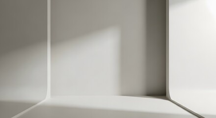 Clean and Minimalist Empty White Room Interior with Curved Walls and Floor, Featuring Architectural Sunlight Shadows, Ideal for Product Display or Abstract Background