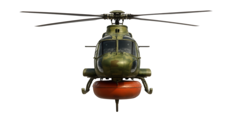 Camouflaged firefighting chopper with removable water storage tank.