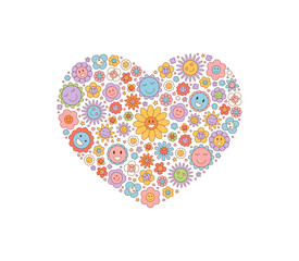 Groovy retro floral heart sticker with cute smiley flower pattern. Colorful happy love concept in a y2k background, vibrant and playful for positive pop art design themes.