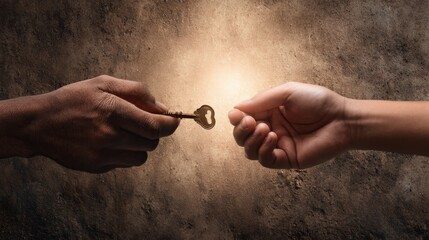 Person’s hand, hope, guidance, support, faith, trust, giving, Passing the Key of Inheritance - Symbolic Concept of Legacy and Succession in a Dramatic Setting