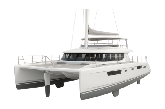 Spacious catamaran with a large deck and retractable daggerboards for sightseeing.