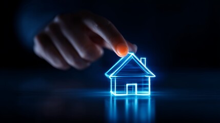 hand, Digital home insurance interface showing house icon. Guardian of Light: Surreal Hand Protecting Digital House with Roof of Illumination - Conceptual Symbolism of Security and Shelter