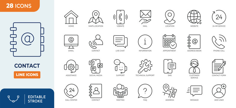 Contact line editable icon set. Containing chat, support, message, phone, address, customer service, and more. Editable stroke. Vector illustration