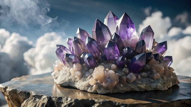 A majestic cluster of amethyst crystals radiates deep purple hues against a smoky quartz backdrop, creating a striking geological formation