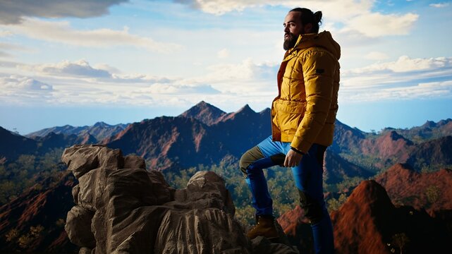Satisfied adventure seeker stands at the top a towering mountain, taking in the epic view and feeling proud of his hiking achievement. Strong joyful trekker feels the rewarding experience. Camera A.