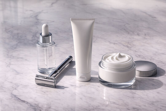 Minimalist men’s grooming set on marble: glass serum bottle, metal safety razor, white cosmetic tube and open jar of cream. Clean modern skincare and shaving products. - Powered by Adobe