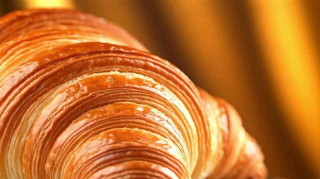 Close-up of a perfectly baked golden, flaky croissant highlighting the layered texture and rich brown color
