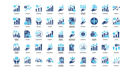 Fototapeta premium Economy revenue icon set collection. Containing economics, invest, sales, increase, arrows, loss, profit .Solid vector icons collection