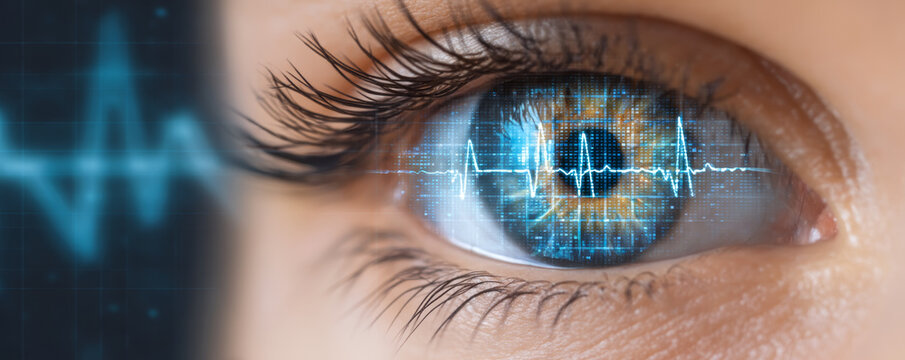 Close up human eye with digital heartbeat reflection, technology and health concept, futuristic blue interface, innovation, vision, and biometric security