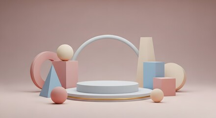 3D Render of a Pastel Geometric Product Display Podium with Cylindrical Stage, Arch, Cubes, and Spheres in Soft Pink and Blue Colors, Perfect for Cosmetics or Minimalist Background