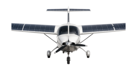 Hybrid trainer featuring visible solar panels on wings and tail.