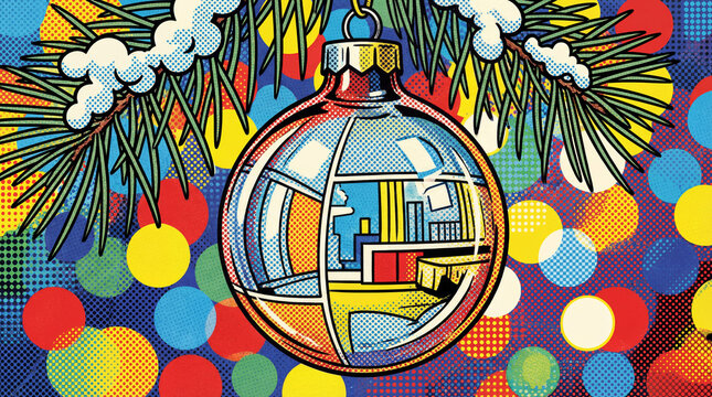 Pop Art Christmas Ball: Close-up of a decoration on a snow-covered branch, reflecting the bright interior of the living room with a comic book effect (halftone dots).