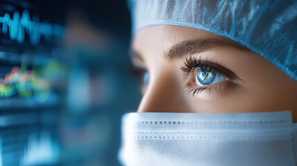 Close up of female healthcare worker with blue eyes wearing surgical mask and cap, focused and determined, with medical monitor reflection in background