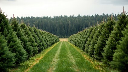 Christmas tree plantation with rows of evergreen fir trees growing on a rural farm