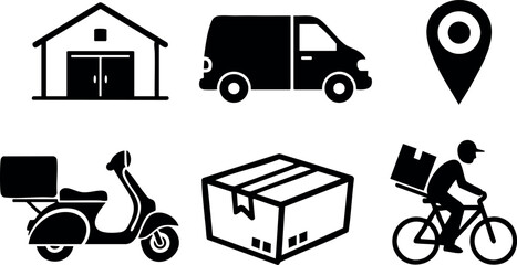 Delivery icons including van scooter bicycle box location and warehouse