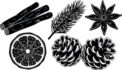 Fototapeta premium Black and white vector illustration of cinnamon sticks pine branch star anise orange slice and pine cones