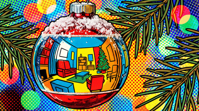 Pop Art Christmas Ball: Close-up of a decoration on a snow-covered branch, reflecting the bright interior of the living room with a comic book effect (halftone dots).