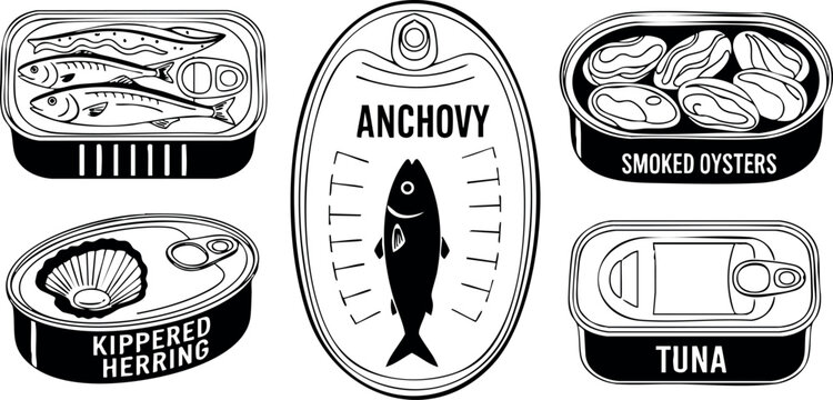 Black and white vector illustration of canned seafood including anchovy kippered herring smoked oysters and tuna