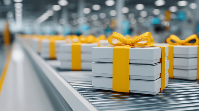 Stack of white gift boxes with yellow ribbons arranged neatly on conveyor belt in modern factory, showcasing efficient production and festive atmosphere