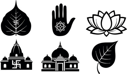 Naklejka premium Black silhouette icons of sacred leaves hand lotus flower and temple symbols