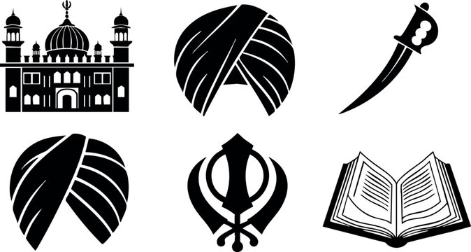 Sikh religion symbols including gurdwara turban kirpan khanda and holy scripture