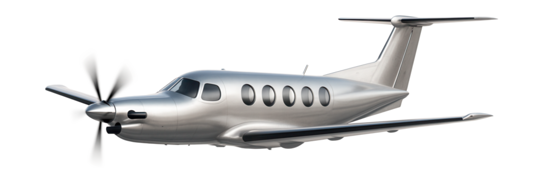 Spacious turboprop with large oval windows and an extended tail design.