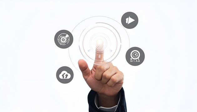 A finger touches a digital fingerprint within a circle with 4 icons