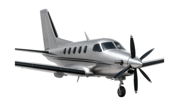 Turboprop featuring a dorsal fin and de-icing boots on wing leading edges.