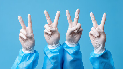 Four gloved hands of healthcare workers in blue medical gowns making peace signs against blue background, symbolizing teamwork, hope, and unity in healthcare
