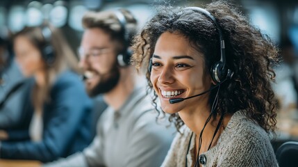 Customer service representatives, each with a headset on