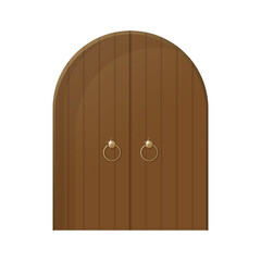 Fototapeta premium Enchanted wooden castle door with elegant round arch design, featuring two decorative metal rings, inviting exploration into a magical realm filled with adventure and wonder
