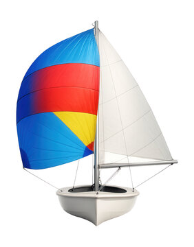 Vibrant youth sailing dinghy featuring a colorful spinnaker and aluminum boom.