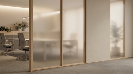 Modern office interior with frosted glass partitions, a meeting room, and soft lighting