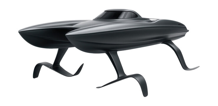 Sleek twin-hulled speed catamaran with hydrofoil assistance.
