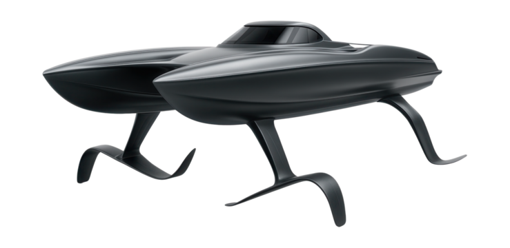 Sleek twin-hulled speed catamaran with hydrofoil assistance.