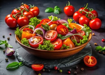 A vibrant medley of fresh red tomatoes adds a pop of color to this vegetable salad on a dark background