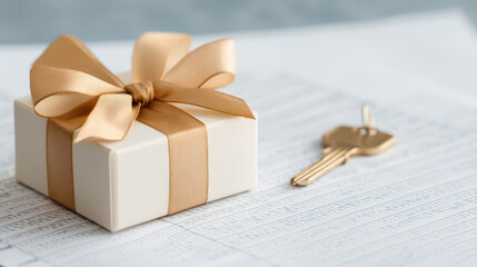 Gift box with gold ribbon and metal key on contract paper, symbolizing new home purchase, real estate deal, or housewarming celebration, evoking excitement and anticipation
