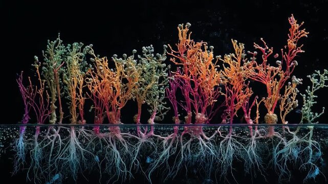View of vibrant plant roots colonized by beneficial microbes illustrating microbial consortia promoting nutrient absorption and growth.