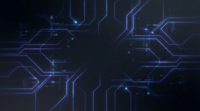 Futuristic digital circuit board background with glowing blue lines and abstract network connections, representing data