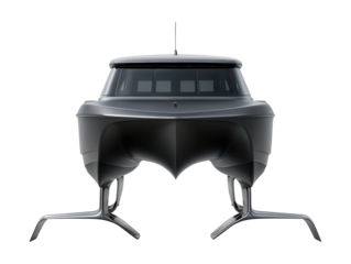 Sleek catamaran featuring metallic hydrofoils and expansive panoramic windows.