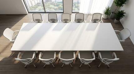 Modern conference room with a long white table and numerous chairs, featuring large windows and a city view