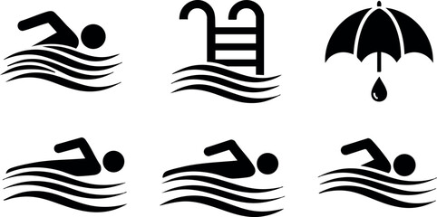 Swimming icons set with pool ladder and umbrella symbol